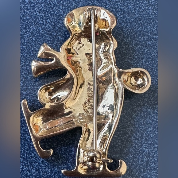 Monet Festive Skating Figures Snowman Brooch with Red Green White & Gold Accents - Picture 2 of 8